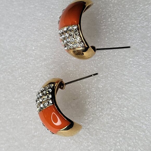 Orange And Gold Oval Earrings with Clear Crystals Small Orange Earrings - Picture 4 of 7